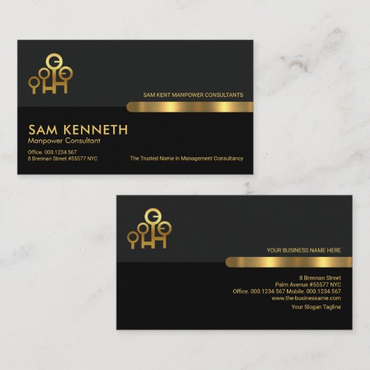 Gray Black Retro Kolommen Manpower Consultant Visitekaartje (Voorkant / Achterkant)