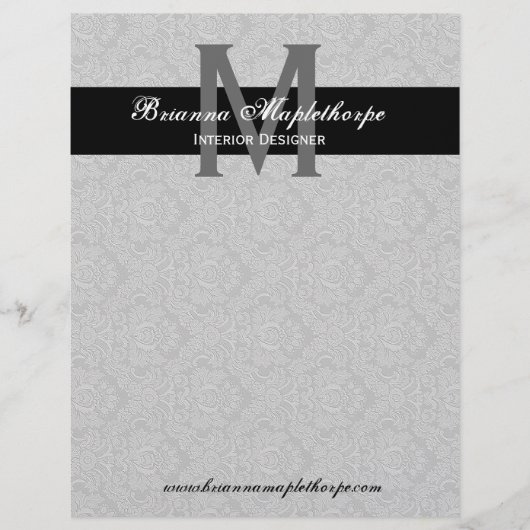 Gray Black White Damask Monogram Letterhead Gepersonaliseerd Briefhoofd (Voorkant)