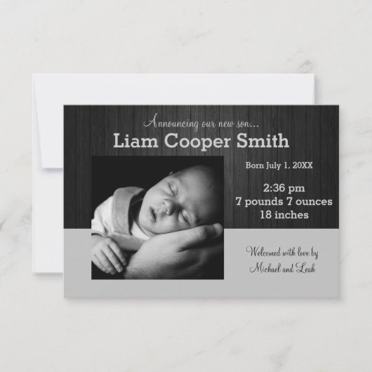 Gray/Black Wood met foto's - 3x5 geboorteaankondig Aankondiging (Voorkant)
