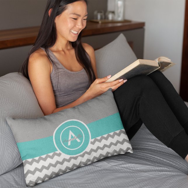 Gray Blauwgroen Chevron Kussen (Creator heeft geüpload)