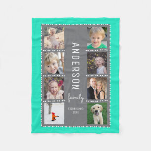 Gray & Blauwgroen foto Collage Familie Naam Fleece Deken