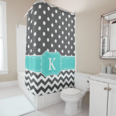 Gray Blauwgroen Polka Dots Chevron Monogram Initia Douchegordijn (In situ)