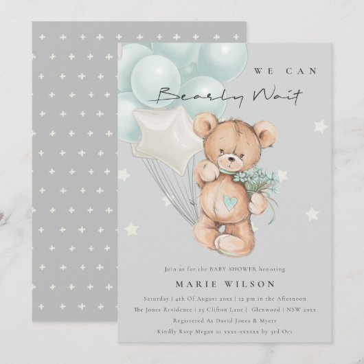 Gray Blue Barly Wait Balloon Baby shower uitnodige Bedankkaart (Voorkant / Achterkant)