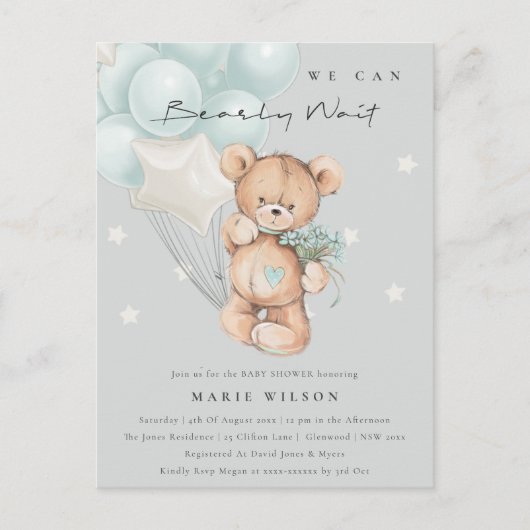 Gray Blue Beer Barly Wait Balloon Baby shower Briefkaart (Voorkant)