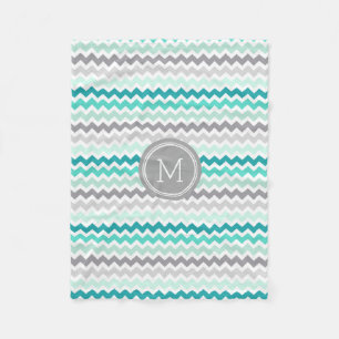 Gray Blue Chevron Pattern Monogram Blanket Fleece Deken
