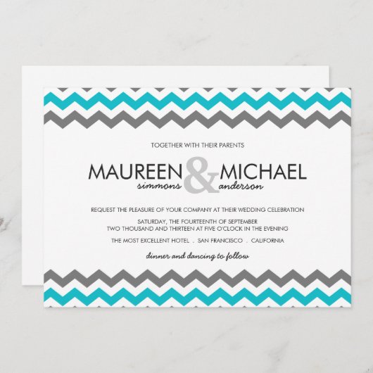 Gray & Blue Chevron Zig Zag Wedding Invitations Kaart (Voorkant / Achterkant)