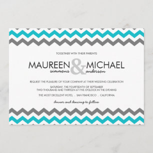 Gray & Blue Chevron Zig Zag Wedding Invitations Kaart