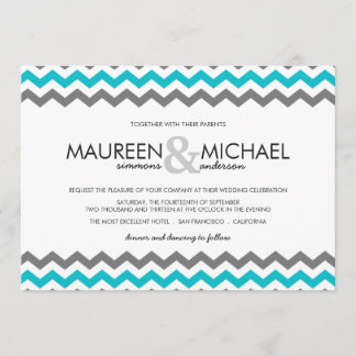 Gray & Blue Chevron Zig Zag Wedding Invitations Kaart