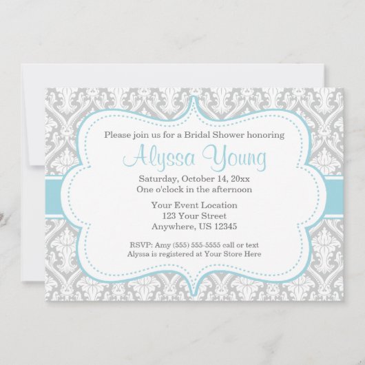 Gray Blue Damask Invitation Kaart (Voorkant)