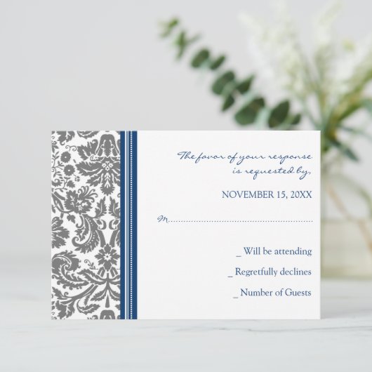 Gray Blue Damask RSVP Weddenkaart (Staand voorkant)