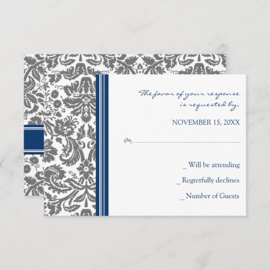 Gray Blue Damask RSVP Weddenkaart (Voorkant / Achterkant)