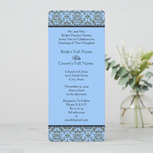 Gray Blue Damask Wedding Uitnodiging (Staand voorkant)