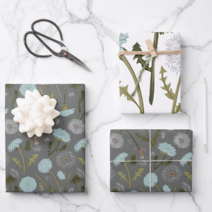Gray Blue Dandelion Whimsical Flowers Patroon Inpakpapier Vel
