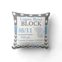 Gray Blue Elephant Baby Announcement Pillow