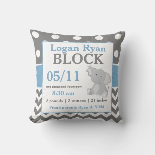Gray Blue Elephant Baby Announcement Pillow Kussen (Voorkant)