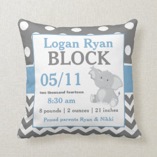 Gray Blue Elephant Baby Announcement Pillow Kussen