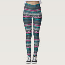 Gray Blue Floral Tribal Print Leggings