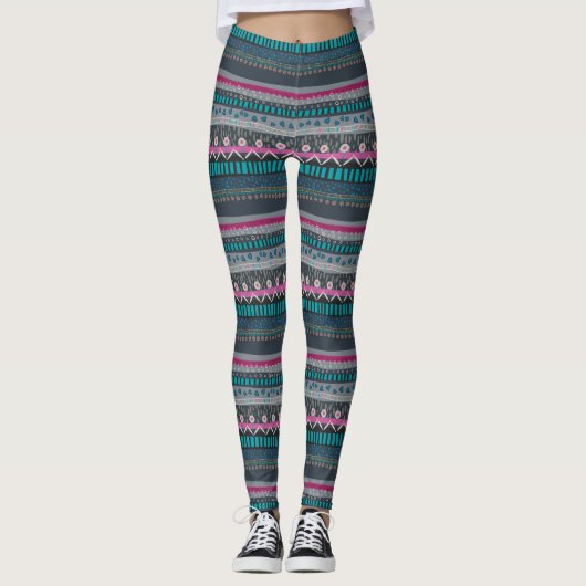 Gray Blue Floral Tribal Print Leggings (Voorkant)