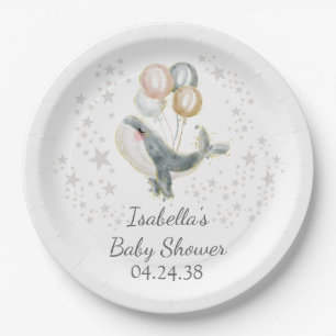 Gray Blue Gold Waterverf Cute Whale Baby shower E Papieren Bordje