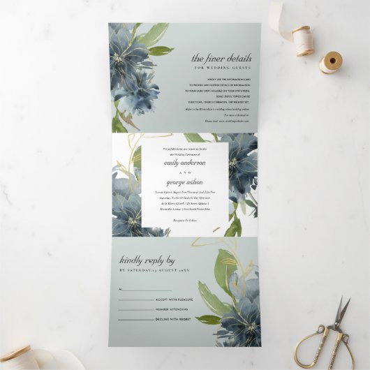 GRAY BLUE GREEN GOLD FLORAL WATERVERF WEDING DRIELUIK UITNODIGING (Binnen)