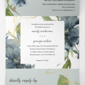 GRAY BLUE GREEN GOLD FLORAL WATERVERF WEDING DRIELUIK UITNODIGING (Binnenkant midden)