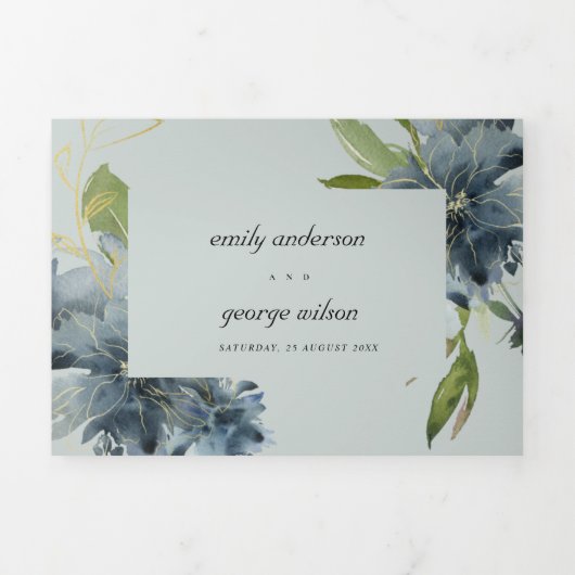 GRAY BLUE GREEN GOLD FLORAL WATERVERF WEDING DRIELUIK UITNODIGING (Cover)