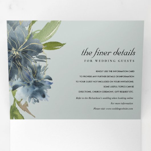 GRAY BLUE GREEN GOLD FLORAL WATERVERF WEDING DRIELUIK UITNODIGING (Binnenzijde eerst)