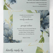 GRAY BLUE GREEN GOLD FLORAL WATERVERF WEDING DRIELUIK UITNODIGING (Binnenkant midden)