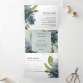 GRAY BLUE GREEN GOLD FLORAL WATERVERF WEDING DRIELUIK UITNODIGING (Binnen)