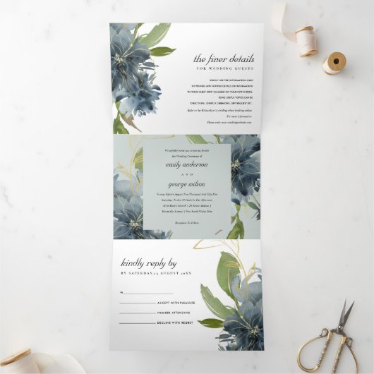 GRAY BLUE GREEN GOLD FLORAL WATERVERF WEDING DRIELUIK UITNODIGING (Binnen)