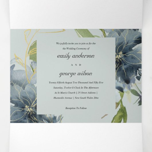 GRAY BLUE GREEN GOLD FLORAL WATERVERF WEDING DRIELUIK UITNODIGING (Binnenkant midden)