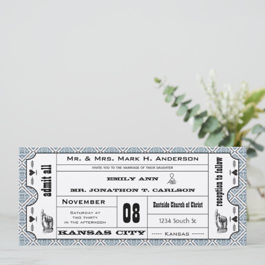 Gray Blue Modern Typography Ticket Wedding Kaart (Staand voorkant)