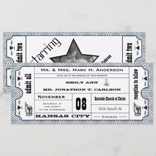Gray Blue  Modern Typography Ticket Wedding Kaart (Voorkant / Achterkant)