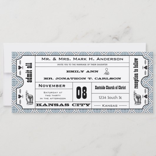 Gray Blue Modern Typography Ticket Wedding Kaart (Voorkant)