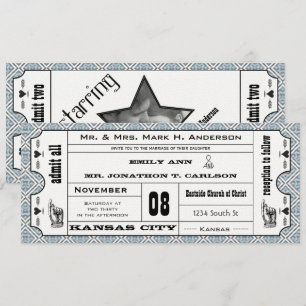 Gray Blue  Modern Typography Ticket Wedding Kaart