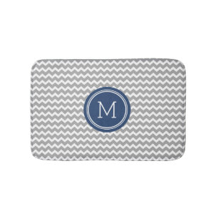 Gray Blue Monogram Chevron Stripes Bathmat Badmat