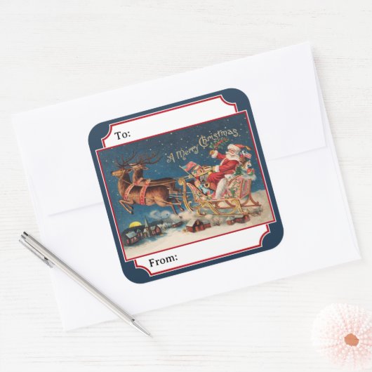 Gray-Blue Patriotic American Santa Christmas Gift Vierkante Sticker (Envelop)