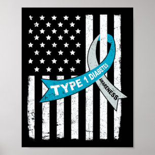 Gray Blue Ribbon American Flag Type 1 diabetes Awa Poster