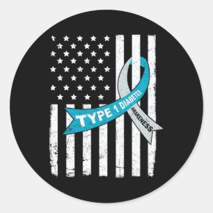 Gray Blue Ribbon American Flag Type 1 diabetes Awa Ronde Sticker