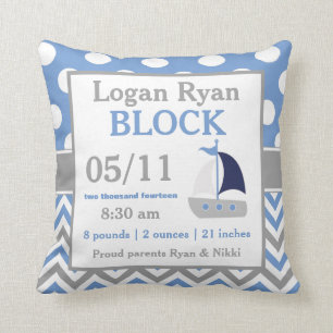 Gray Blue Sailboat Baby Announement Pillow Kussen