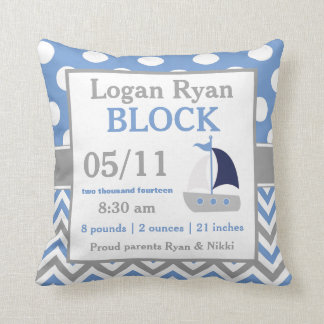 Gray Blue Sailboat Baby Announement Pillow Kussen