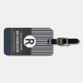 Gray Blue Stripes Chalkboard Monogram Bagagelabel (Voorkant horizontaal)