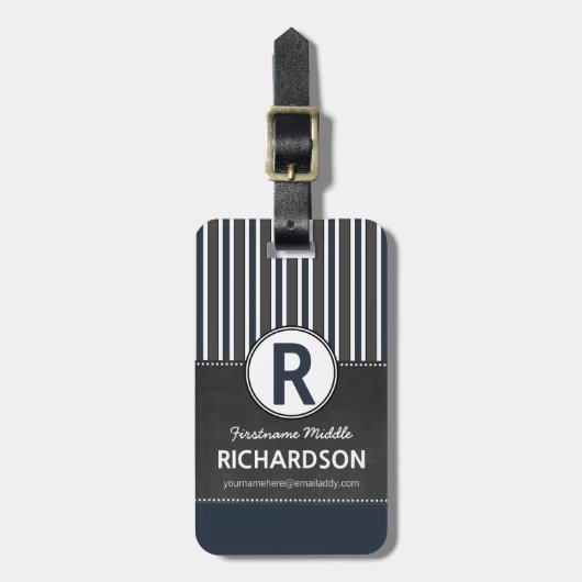 Gray Blue Stripes Chalkboard Monogram Bagagelabel (Voorkant verticaal)