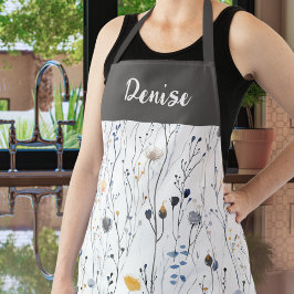 Gray Blue Watercolor Wildflower Custom Name Apron Schort