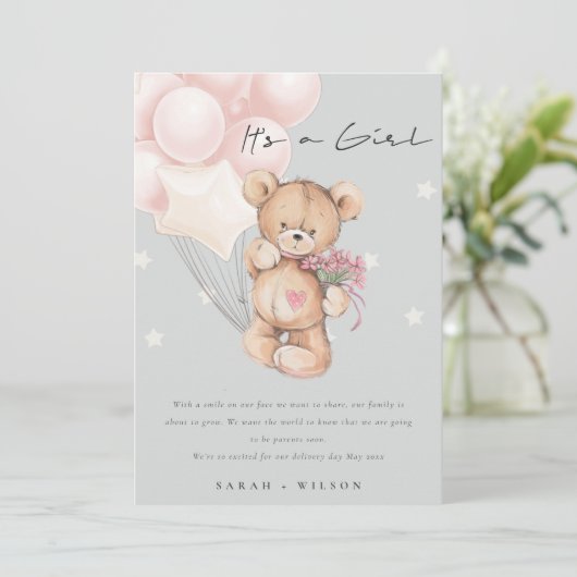 Gray Blush Beer Ballon Baby Aankondiging Kaart (Staand voorkant)