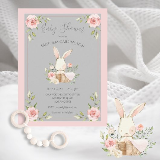 Gray Blush Floral Bunny Rabbit Baby shower Kaart