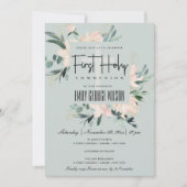 GRAY BLUSH FLORAL WATERVERF EERSTE HOLY COMMUNION KAART (Voorkant)