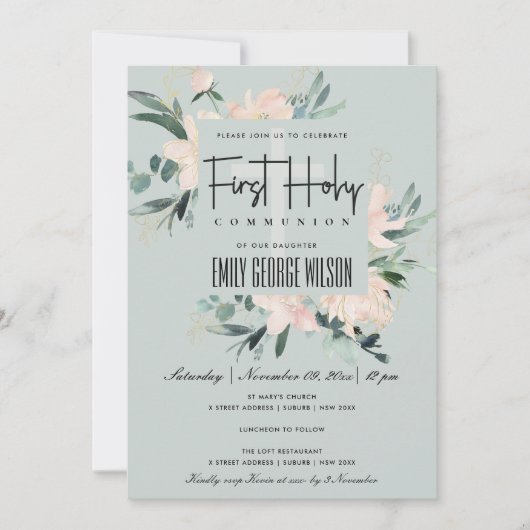 GRAY BLUSH FLORAL WATERVERF EERSTE HOLY COMMUNION KAART (Voorkant)