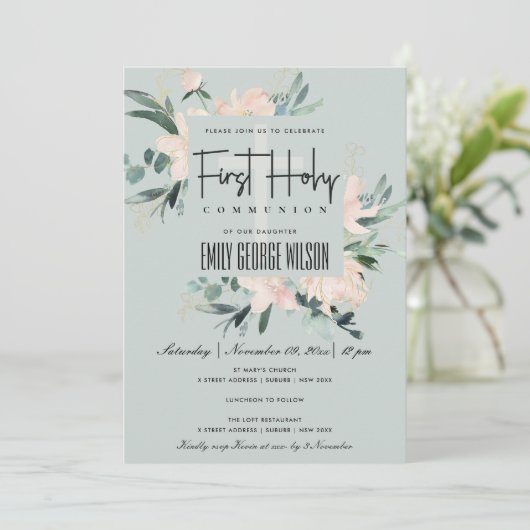 GRAY BLUSH FLORAL WATERVERF EERSTE HOLY COMMUNION KAART (Staand voorkant)