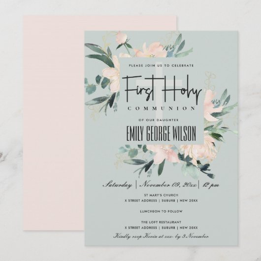 GRAY BLUSH FLORAL WATERVERF EERSTE HOLY COMMUNION KAART (Voorkant / Achterkant)